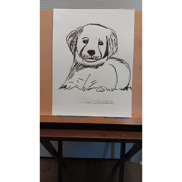 Puppy Dog Black & White OOAK Original Artwork Monochrome 9x12 Inch Ink Drawing - Picture 2 of 2